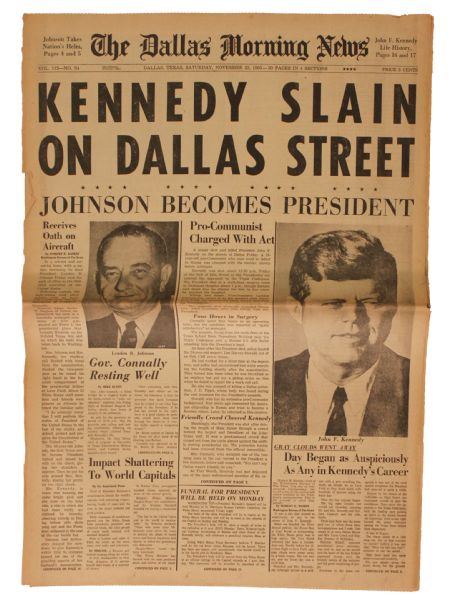''The Dallas Morning News'' Announces ''KENNEDY SLAIN ON DALLAS STREET''