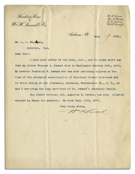 Lincoln Assassination Plot Letter Signed by Secretary of State William Seward's Son -- ''...seriously injured at the time of the attempted assassination of Secretary Seward...''