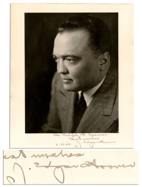 J. Edgar Hoover Signed Photo -- ''To Ralph J. Gomez / Best wishes / 6.21.48  J. Edgar Hoover'' -- 8.75'' x 9.25'' Matte Photo Trimmed on Bottom, Else Very Good