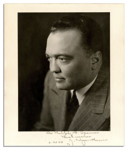 J. Edgar Hoover Signed Photo -- ''To Ralph J. Gomez / Best wishes / 6.21.48  J. Edgar Hoover'' -- 8.75'' x 9.25'' Matte Photo Trimmed on Bottom, Else Very Good