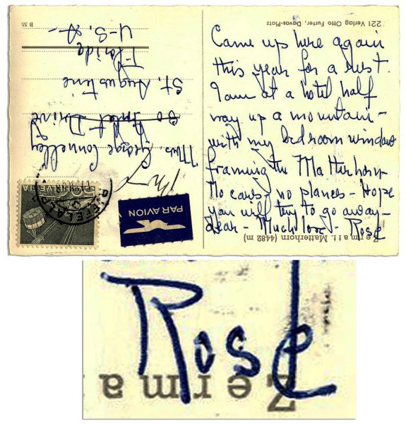 Rose Kennedy Handwritten Postcard From a Vacation in Switzerland -- ''...I am at a hotel half-way up a mountain...''