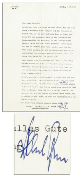 Albert Speer Letter Signed With Handwritten Annotation Mentioning His Former Fuhrer ''Hitler''