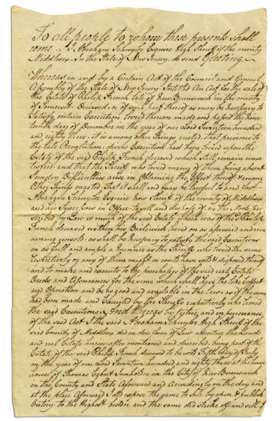 1784 Deed to Property in New Brunswick, New Jersey -- ''...previous to the late Revolution...''