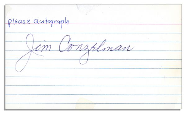 Football HOFer ''Jim Conzelman'' Signature -- Upon a 5'' x 3'' Card -- With Notation by an Unknown Hand ''please autograph'' and Tape to Edges -- Very Good