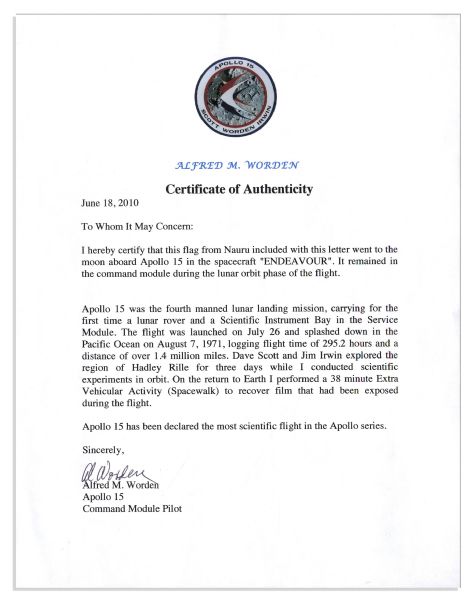 Apollo 15 Flown 6'' x 4'' Nauru Flag -- Signed by Annotated NASA Astronaut Al Worden