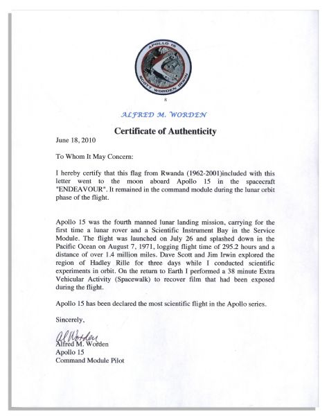 Apollo 15 Flown 6'' x 4'' Rwanda Flag -- Signed by Annotated NASA Astronaut Al Worden