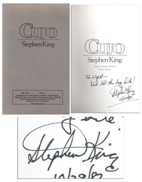 Stephen King's Pre-Publication Proof of ''Cujo'' -- Signed & Inscribed by King -- ''...Don't let the dog bite! Stephen King...''