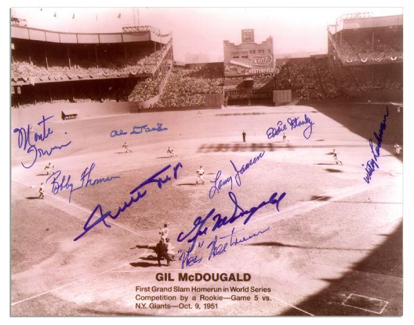 10'' x 8'' Signed Photo of Gil McDougald's 1951 World Series Grand Slam -- With 9 Signatures Including McDougald, Willie Mays, Larry Jansen, Bobby Thomson -- From the Larry Jansen Estate