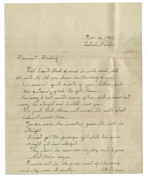 Rene Gagnon Autograph Letter, Three-Times Signed -- 3 Months Before Iwo Jima -- ''...in the field most of the week...boy was it dirty...the foxhole was muddy. Boy what a life!...''
