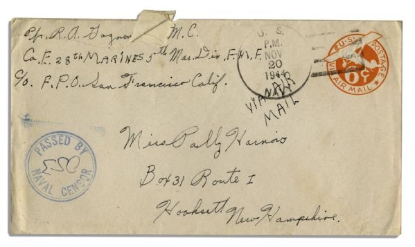 Rene Gagnon Autograph Letter, Three-Times Signed -- 3 Months Before Iwo Jima -- ''...in the field most of the week...boy was it dirty...the foxhole was muddy. Boy what a life!...''