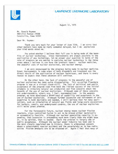 'Father of the Hydrogen Bomb'' Edward Teller Letter Signed With Nuclear Content -- ''...lack of progress in the peaceful use of nuclear explosives has been quite disappointing...''