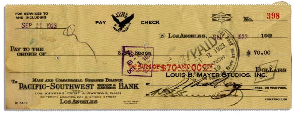 Irving Thalberg Signed Check From 1923 -- Check Is From the Account of Louis B. Mayer Studios, Inc.