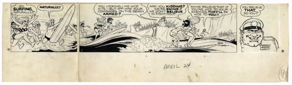 ''Li'l Abner'' Sunday Strip Hand-Drawn by Al Capp From 24 April 1966 -- Featuring Capp's Famous ''S.W.I.N.E'' Characters -- 29'' x 18'' On Two Separated Strips -- Very Good