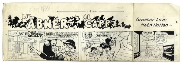 ''Li'l Abner'' Sunday Strip From 11 December 1966 With Mammy & Pappy -- Hand-Drawn & Signed by Al Capp, Who Adds Sketches to Verso -- In Three Segments, Largest 29'' x 9.75'' -- Very Good