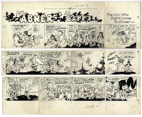 Li'l Abner Sunday Strip Hand-Drawn by Al Capp From 4 June 1967 -- Featuring Hairless Joe, Lonesome Polecat & Minihahaskirt -- 29'' x 28.25'' -- With Sketch to Verso -- Near Fine