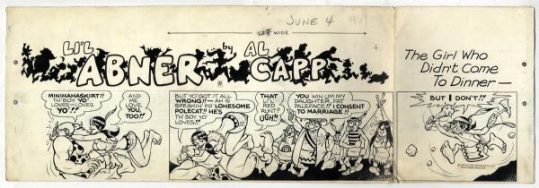 Li'l Abner Sunday Strip Hand-Drawn by Al Capp From 4 June 1967 -- Featuring Hairless Joe, Lonesome Polecat & Minihahaskirt -- 29'' x 28.25'' -- With Sketch to Verso -- Near Fine