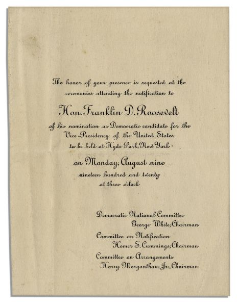1920 Invitation to Franklin D. Roosevelt's Nomination Ceremony as Democratic Candidate for the Vice Presidency
