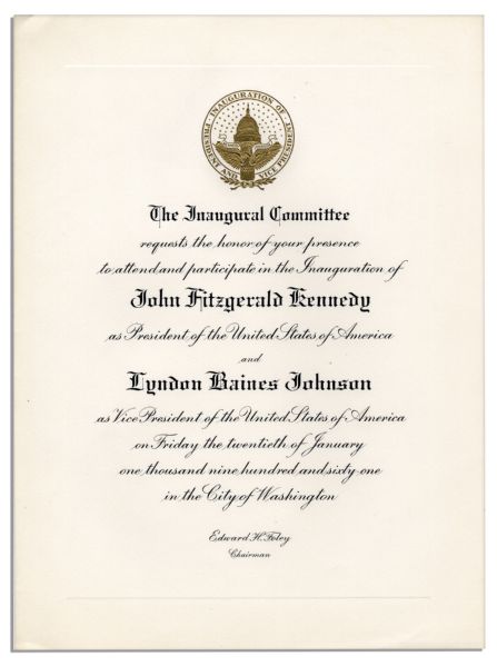 John F. Kennedy Inaugural Invitation -- Also With an Invitation to the Inaugural Ball -- Near Fine