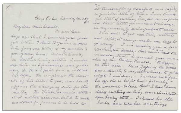 Red Cross Founder Clara Barton Autograph Letter -- ''...it is neither wise nor kind to make conditions for persons to be held at the sacrifice of comfort and safety...''