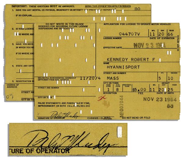 Robert Kennedy Signed Driver's License Application From 1964