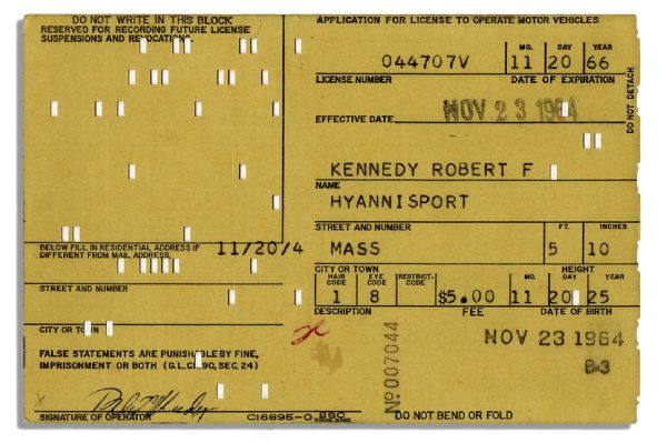 Robert Kennedy Signed Driver's License Application From 1964