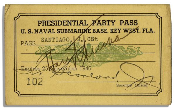 Harry Truman Signed Presidential Pass to Enter the U.S. Naval Submarine Base