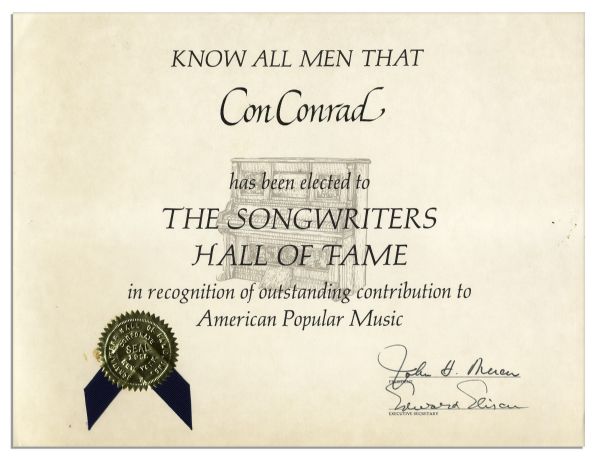 Con Conrad Songwriters Hall of Fame Induction Certificate