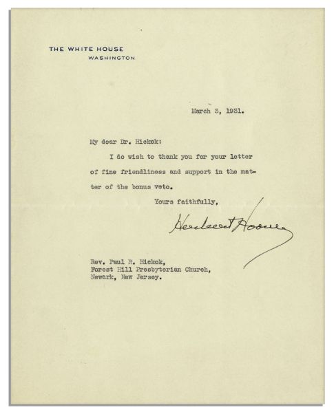 Herbert Hoover Typed Letter Signed as President -- Regarding the 1931 Veteran Bonus Bill Which Hoover Vetoed