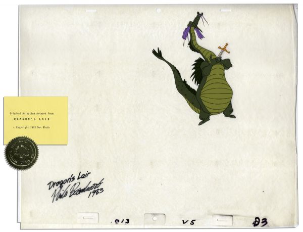 Ray Bradbury Owned ''Dragon's Lair'' Cel Featuring the Dragon ''Singe'' -- Signed by Don Bluth Prod. Artist in 1983 & With Bluth Seal -- Measures 16.5'' x 13.5'' -- Fine -- COA From Estate