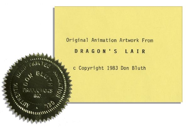 Ray Bradbury Owned ''Dragon's Lair'' Cel Featuring the Dragon ''Singe'' -- Signed by Don Bluth Prod. Artist in 1983 & With Bluth Seal -- Measures 16.5'' x 13.5'' -- Fine -- COA From Estate