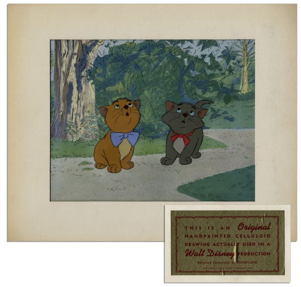 Ray Bradbury Owned Disney Cel From the 1970 Film ''The Aristocats'' Depicting Toulouse and Berlioz -- With Disney COA Sticker to Verso -- Matted to 14'' x 12'' -- Fine -- COA From Estate