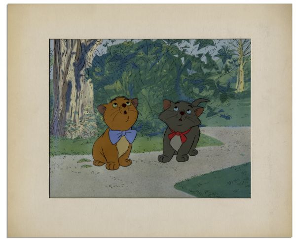 Ray Bradbury Owned Disney Cel From the 1970 Film ''The Aristocats'' Depicting Toulouse and Berlioz -- With Disney COA Sticker to Verso -- Matted to 14'' x 12'' -- Fine -- COA From Estate