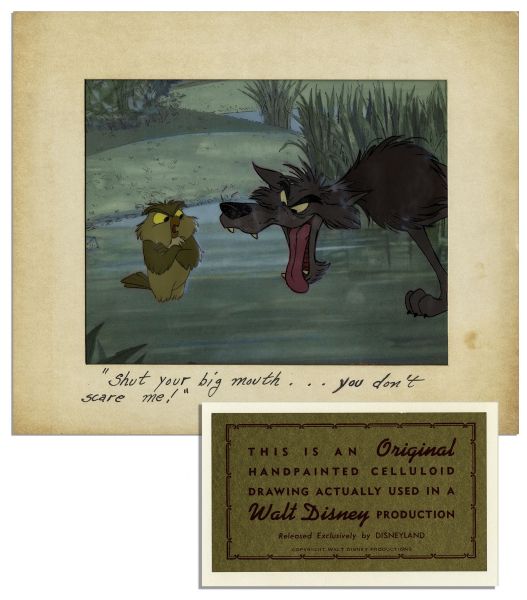 Ray Bradbury Owned Disney Cel From ''The Sword in the Stone'' -- Merlin's Owl Archimedes & The Hungry Wolf -- Measures 14'' x 12'' -- Near Fine -- With Disney COA on Verso & COA From Estate