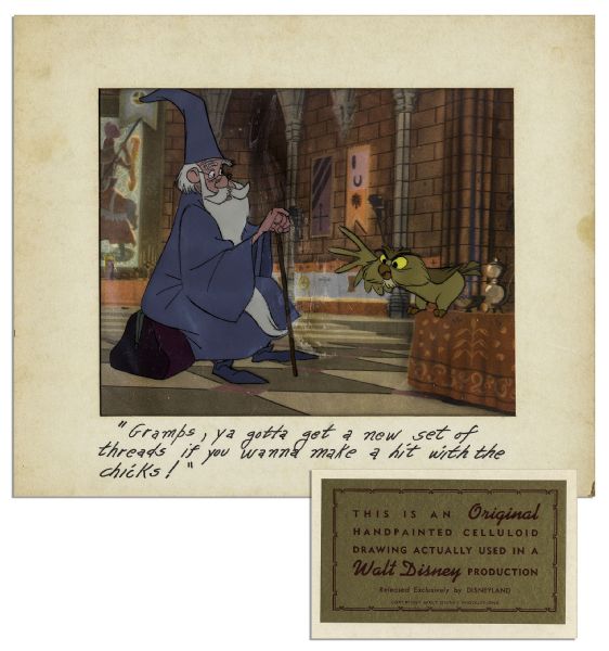 Ray Bradbury Owned Disney Cel From ''The Sword in the Stone'' -- Featuring Merlin & His Owl Archimedes -- Measures 14'' x 12'' -- Near Fine -- With Disney COA on Verso & COA From Estate