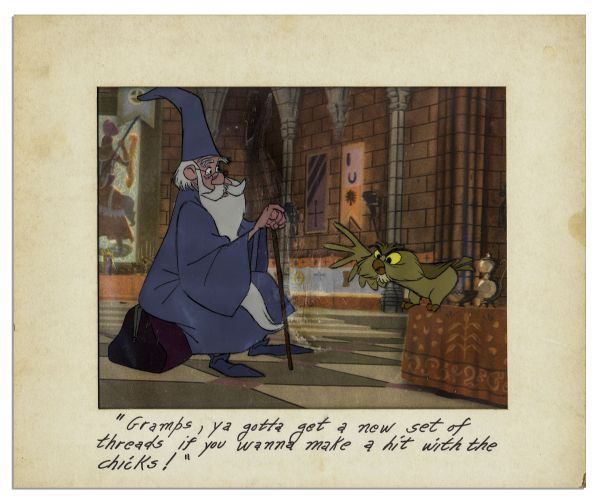 Ray Bradbury Owned Disney Cel From ''The Sword in the Stone'' -- Featuring Merlin & His Owl Archimedes -- Measures 14'' x 12'' -- Near Fine -- With Disney COA on Verso & COA From Estate