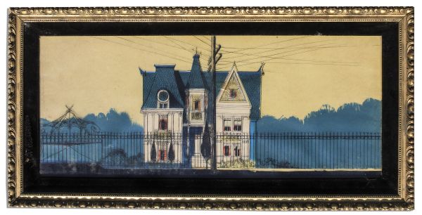 Ray Bradbury Owned Hand-Painted Cel by Joseph Mugnaini -- Depicts Large Victorian Home -- Matted With Black Velour & Framed to 24.5'' x 12.25'' -- Very Good -- With COA From Estate