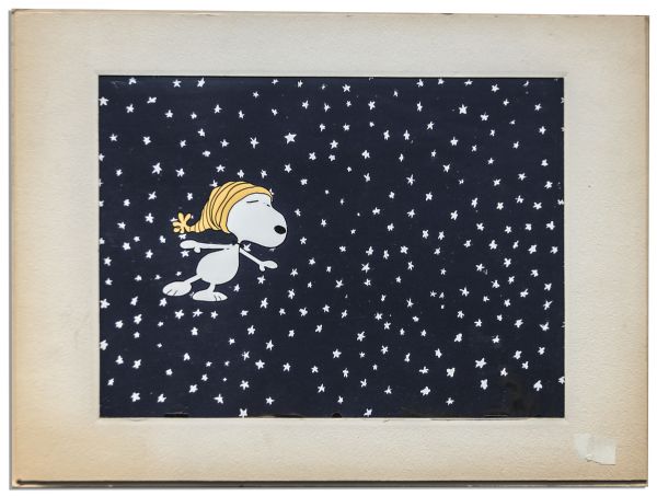 Ray Bradbury Personally Owned ''Peanuts'' Cel -- Hand-Painted Snoopy Set To Black Starry Night Landscape -- Measures 12'' x 9'' -- Near Fine -- With COA From Estate