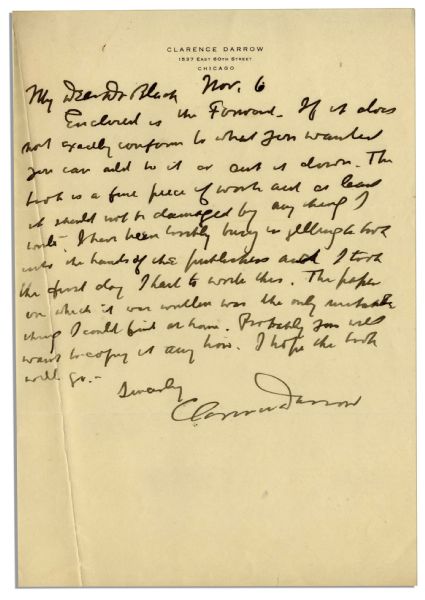 Clarence Darrow Autograph Letter Signed -- Regarding His Autobiography and a Friend's Book About Their Mutual Opposition of Prohibition