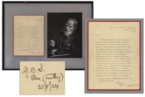 Ray Bradbury Owned George Bernard Shaw Letter Signed ''G.B.S.'' -- On Royal Society of Literature Stationery -- Framed With Photo of Shaw -- 24'' x 18.5'' -- Very Good -- COA From Estate