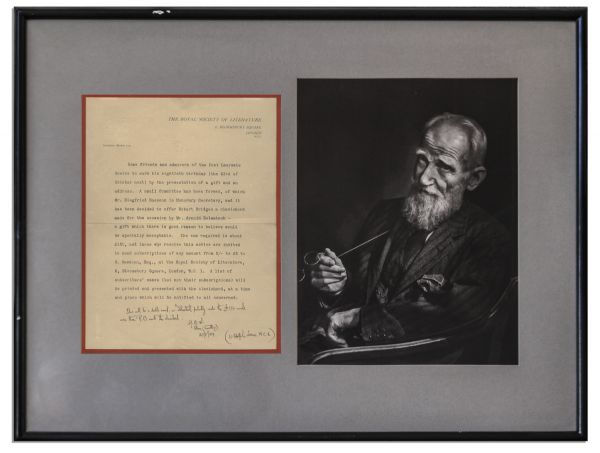 Ray Bradbury Owned George Bernard Shaw Letter Signed ''G.B.S.'' -- On Royal Society of Literature Stationery -- Framed With Photo of Shaw -- 24'' x 18.5'' -- Very Good -- COA From Estate