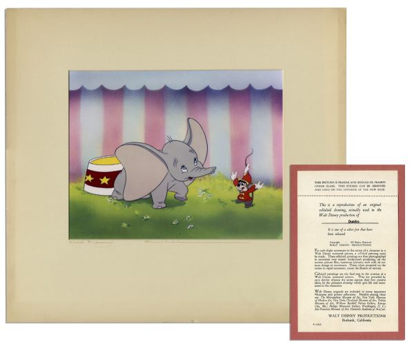 Ray Bradbury Personally Owned ''Dumbo'' Reproduction Cel -- Featuring Dumbo & Timothy Q. Mouse -- Disney COA to Verso -- Matted to 16'' x 15'' -- Near Fine -- With COA From Bradbury Estate