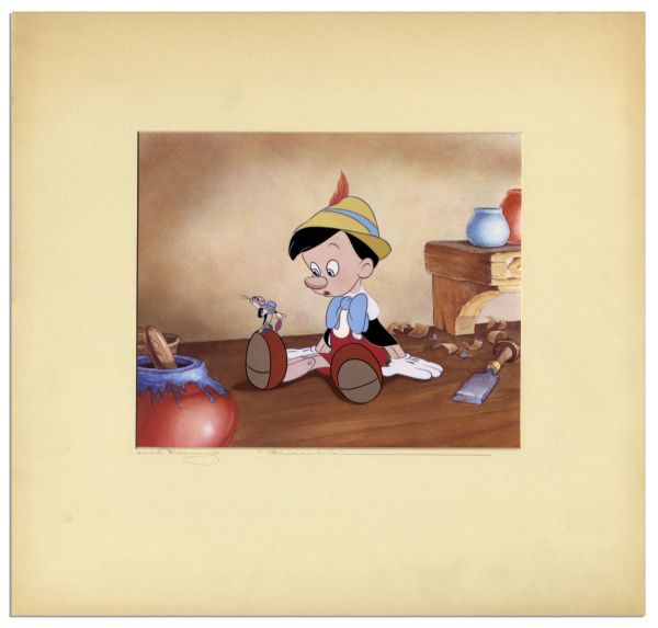 Ray Bradbury Owned Reproduction Cel From ''Pinocchio'' -- Featuring Pinocchio & Jiminy Cricket -- Disney COA on Verso -- Measures 15'' x 14.5'' -- Near Fine -- COA From Bradbury Estate