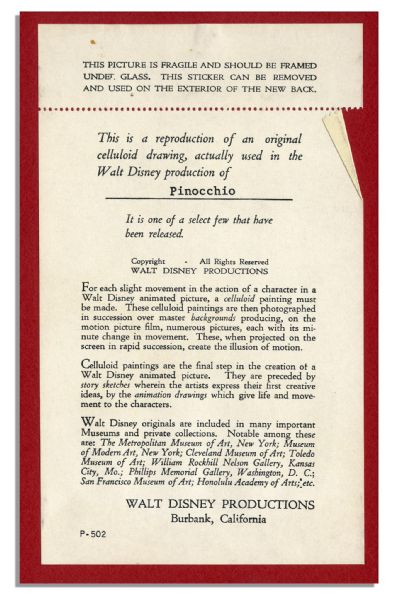 Ray Bradbury Owned Reproduction Cel From ''Pinocchio'' -- Featuring Pinocchio & Jiminy Cricket -- Disney COA on Verso -- Measures 15'' x 14.5'' -- Near Fine -- COA From Bradbury Estate