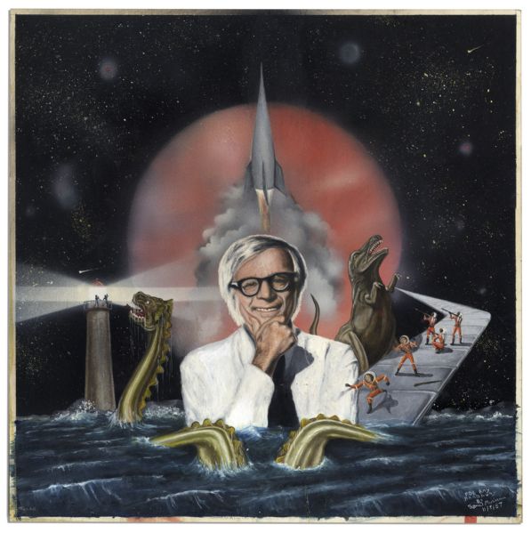 Ray Bradbury Owned Art -- Mixed Media Piece Depicting Bradbury Himself Surrounded by Iconography From His Works