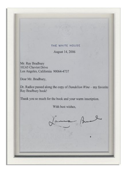 Ray Bradbury Unique Dandelion Wine Award -- Accompanied by a Laura Bush Letter on White House Stationery Calling ''Dandelion Wine'', ''...my favorite Ray Bradbury book...''