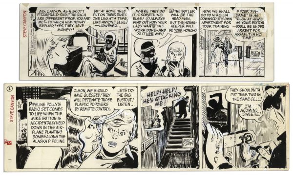 Ray Bradbury Personally Owned Pair of ''Steve Canyon'' Comic Strips by Milton Caniff -- Field Enterprises Stickers From 1977 & 1979 -- Larger Strip Measures 23'' x 7.25'' -- Very Good