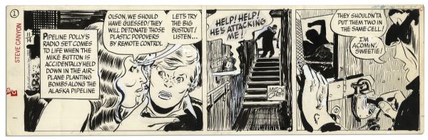 Ray Bradbury Personally Owned Pair of ''Steve Canyon'' Comic Strips by Milton Caniff -- Field Enterprises Stickers From 1977 & 1979 -- Larger Strip Measures 23'' x 7.25'' -- Very Good