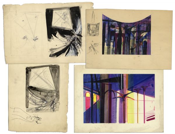 Ray Bradbury Lot of 4 Concept Artworks by Joseph Mugnaini -- 2 Drawings for ''The Halloween Tree'' & 2 Lithographs for Setwork of One of Bradbury's Stage Plays