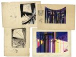 Ray Bradbury Lot of 4 Concept Artworks by Joseph Mugnaini -- 2 Drawings for The Halloween Tree & 2 Lithographs for Setwork of One of Bradburys Stage Plays