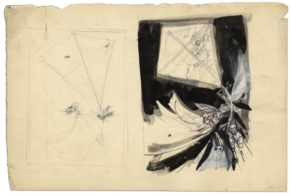 Ray Bradbury Lot of 4 Concept Artworks by Joseph Mugnaini -- 2 Drawings for ''The Halloween Tree'' & 2 Lithographs for Setwork of One of Bradbury's Stage Plays